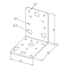 Winkelverbinder aus Metall mit Maßangaben 90 mal 90 mal 65 Millimeter und 2,5 Millimeter Materialstärke sowie Bohrungen für Befestigungsschrauben.