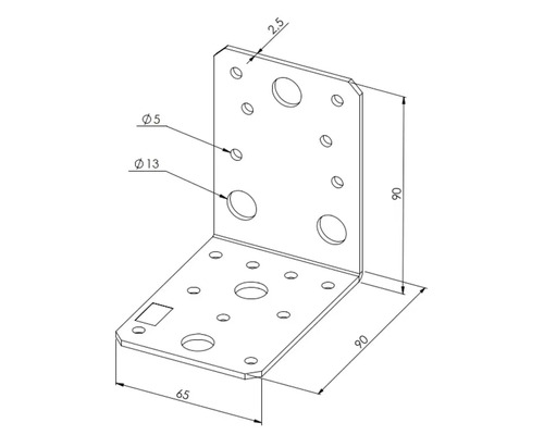 Winkelverbinder aus Metall mit Maßangaben 90 mal 90 mal 65 Millimeter und 2,5 Millimeter Materialstärke sowie Bohrungen für Befestigungsschrauben.