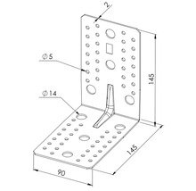 Winkelverbinder aus Metall mit Verstärkung und Lochmuster, Maße 145 mal 145 mal 90 Millimeter, Materialstärke 2 Millimeter.