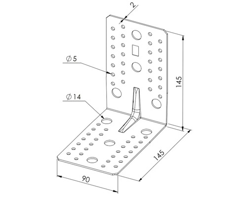 Winkelverbinder aus Metall mit Verstärkung und Lochmuster, Maße 145 mal 145 mal 90 Millimeter, Materialstärke 2 Millimeter.