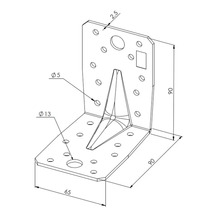 Winkelverbinder aus Stahl mit Verstärkung und Bohrungen, Maße 90 mal 90 mal 65 Millimeter, Materialstärke 2,5 Millimeter