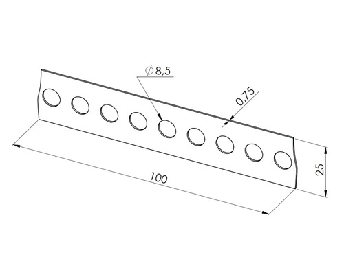 Montageband aus Metall mit einer Breite von 25 Millimeter und einer Stärke von 0,75 Millimeter sowie Lochdurchmesser von 8,5 Millimeter