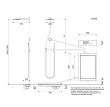 Technische Zeichnung mit Maßangaben für eine Duschsystem Installation mit Duschkopf, Handbrause und Duschwanne in Millimetern.