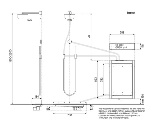 Technische Zeichnung mit Maßangaben für eine Duschsystem Installation mit Duschkopf, Handbrause und Duschwanne in Millimetern.