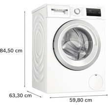 Bosch Serie 4 Waschmaschine mit Frontlader, Maße 84,50 Zentimeter mal 59,80 Zentimeter mal 63,30 Zentimeter, Bosch Logo.