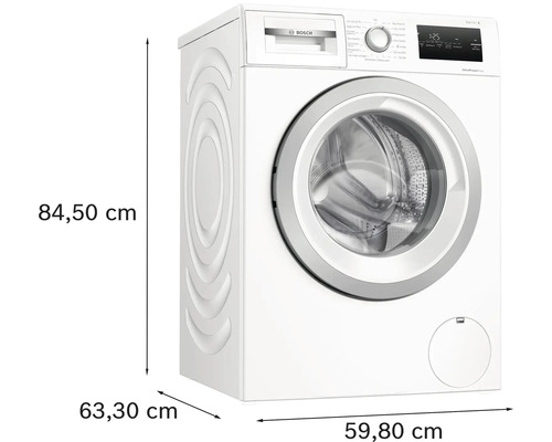 Bosch Serie 4 Waschmaschine mit Frontlader, Maße 84,50 Zentimeter mal 59,80 Zentimeter mal 63,30 Zentimeter, Bosch Logo.