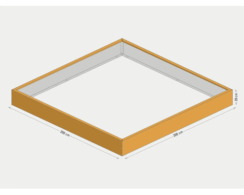 Quadratischer Sandkasten aus Holz mit den Maßen 200 mal 200 Zentimeter und einer Höhe von 20 Zentimeter