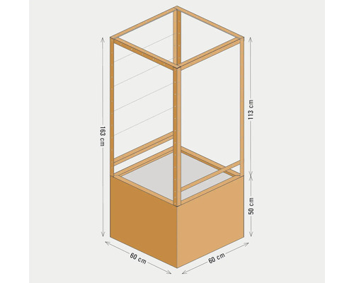 Technische Zeichnung eines Holz Terrariums mit Maßen 60 mal 60 mal 163 Zentimeter inklusive eines 50 Zentimeter hohen Unterschranks.