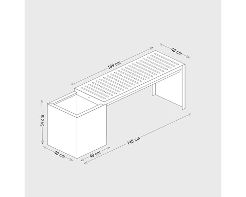 Strichzeichnung einer Gartenbank mit Pflanzkasten inklusive Maßangaben in Zentimetern.