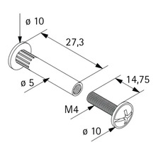Technische Zeichnung einer Verbindungsschraube mit Hülsenmutter, Maße in Millimeter, M4 Gewinde.