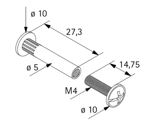 Technische Zeichnung einer Verbindungsschraube mit Hülsenmutter, Maße in Millimeter, M4 Gewinde.