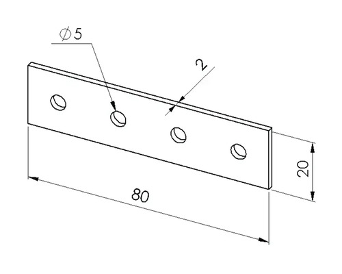 Flachverbinder mit vier Bohrlöchern, 80 mal 20 mal 2 Millimeter, Bohrdurchmesser 5 Millimeter