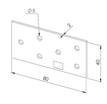 Technische Zeichnung eines Flachverbinders mit den Maßen 80 mal 40 mal 2 Millimeter und 5 Millimeter Lochdurchmesser.