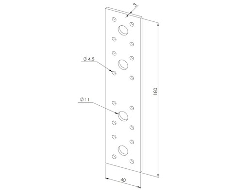 Flachverbinder aus Stahl, 180 mal 40 mal 3 Millimeter mit verschiedenen Lochdurchmessern für Holzverbindungen.