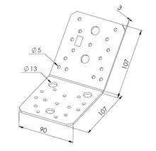 Technische Zeichnung eines Balkenwinkels mit den Maßen 107 mal 90 mal 3 Millimeter und verschiedenen Bohrungen.
