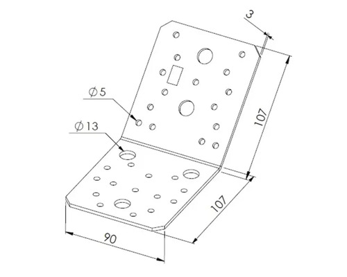 Technische Zeichnung eines Balkenwinkels mit den Maßen 107 mal 90 mal 3 Millimeter und verschiedenen Bohrungen.