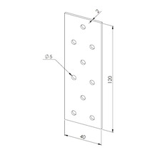 Flachverbinder aus Metall mit Lochung, 120 mal 40 mal 2 Millimeter, Lochdurchmesser 5 Millimeter, zur stabilen Holzverbindung.