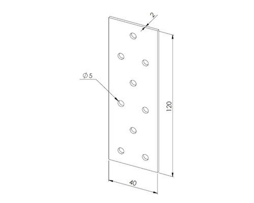 Flachverbinder aus Metall mit Lochung, 120 mal 40 mal 2 Millimeter, Lochdurchmesser 5 Millimeter, zur stabilen Holzverbindung.