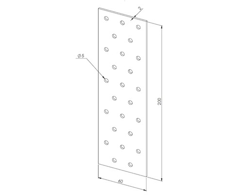 Lochplatte aus Metall mit den Maßen 200 mal 60 mal 2 Millimeter und 5 Millimeter Lochdurchmesser für Holzverbindungen.
