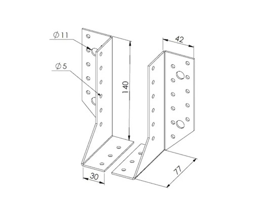 Technische Zeichnung eines zweiteiligen Balkenschuhs aus Metall mit Maßangaben für Holzverbindungen.