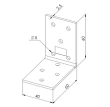 Winkelverbinder aus Metall mit Lochung, 60 mal 40 mal 60 Millimeter, Materialstaerke 2,5 Millimeter, Bohrungsdurchmesser 5 Millimeter.