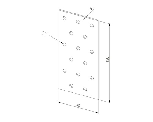 Lochplatte aus Metall mit den Maßen 120 mal 60 mal 2 Millimeter und 5 Millimeter Bohrungen zur stabilen Holzverbindung.