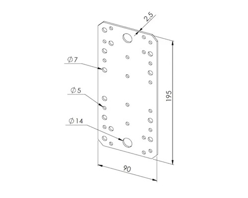 Rechteckiger Lochblechverbinder aus Metall mit verschiedenen Bohrungen, Maße 195 mal 90 mal 2,5 Millimeter, technische Zeichnung.