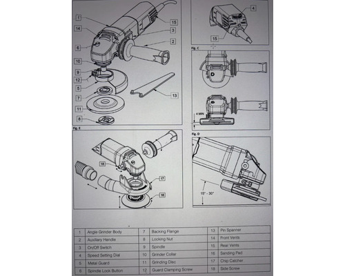 Technische Zeichnung eines Winkelschleifers mit nummerierten Bauteilen und Anleitungen zur Montage und Handhabung.