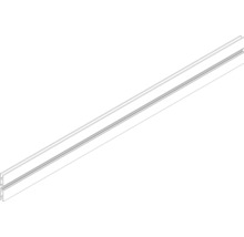 Eine lange, schmale Aluminiumprofilschiene für technische Anwendungen in einer perspektivischen Ansicht.