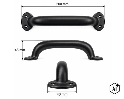 Türgriff aus Metall mit 200 Millimeter Länge, 48 Millimeter Höhe und 46 Millimeter Befestigungsbreite, Ansicht mit Maßangaben. (Image AI modified or generated)