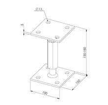 Stützenfuß verstellbar mit quadratischen Platten 100 mal 100 Millimeter für konstruktiven Holzbau, Einstellbereich 130 bis 180 Millimeter.