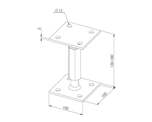 Stützenfuß verstellbar mit quadratischen Platten 100 mal 100 Millimeter für konstruktiven Holzbau, Einstellbereich 130 bis 180 Millimeter.