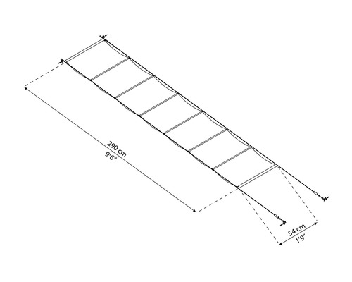Draufsicht einer Kletternetz-Zeichnung mit den Maßen 290 cm Länge und 54 cm Breite