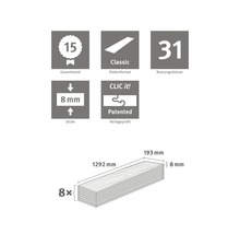 Technische Details Laminat: 15 Jahre Garantiezeit, Dielenformat Classic, Nutzungsklasse 31, 8 mm Dicke, patentiertes Verlegeprofil Clic it!, 8 Stück, 1292 mm Länge, 193 mm Breite