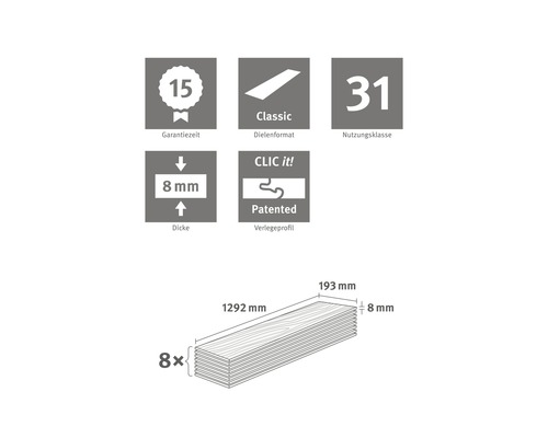 Technische Details Laminat: 15 Jahre Garantiezeit, Dielenformat Classic, Nutzungsklasse 31, 8 mm Dicke, patentiertes Verlegeprofil Clic it!, 8 Stück, 1292 mm Länge, 193 mm Breite