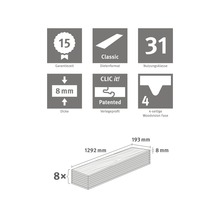 Illustration mit technischen Daten zu Laminat: Garantiezeit 15 Jahre, Dielenformat Classic, Nutzungsklasse 31, Dicke 8 mm, Verlegeprofil Clic it! Patented, 4-seitige Woodvision Fase, Maße 1292 x 193 x 8 mm