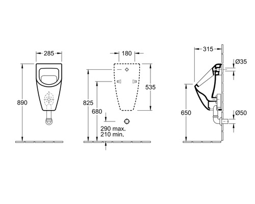 Technische Zeichnung eines Urinals mit Maßangaben