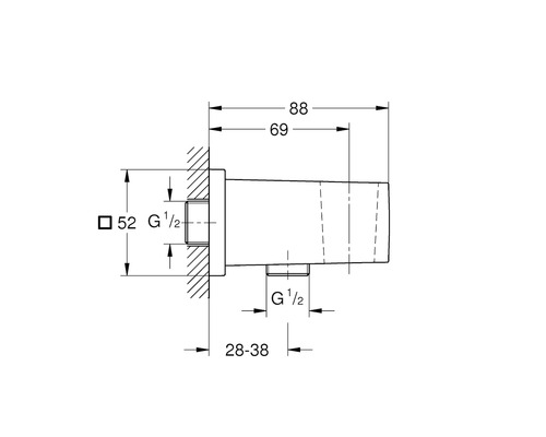 Technische Zeichnung eines Sanitärprodukts mit Maßangaben