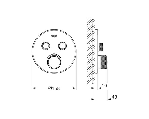 Technische Zeichnung eines Grohe Unterputz-Thermostats mit Maßangaben