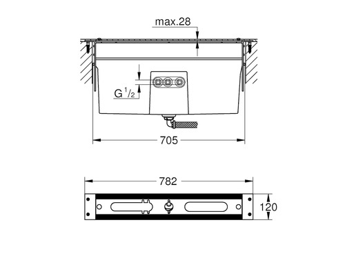 Technische Zeichnung eines Waschtischs mit Maßangaben