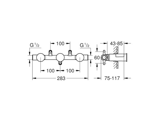 Technische Zeichnung einer Duscharmatur mit Maßangaben