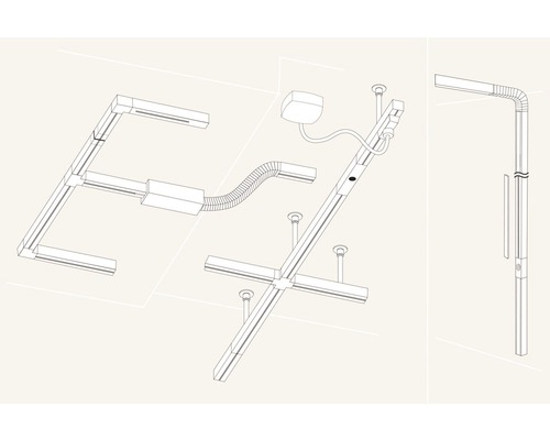 Darstellung eines linearen Lichtsystems mit Schienen und Verbindungselementen zur Deckenmontage