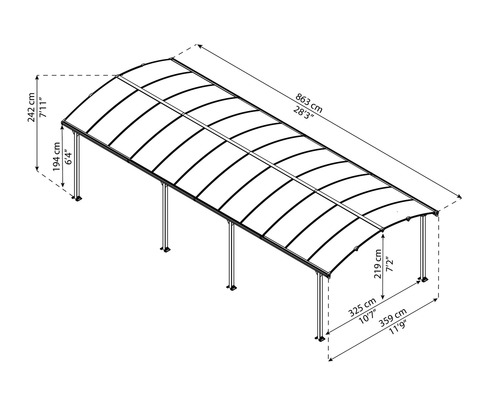 Technische Zeichnung eines Carports mit Maßangaben