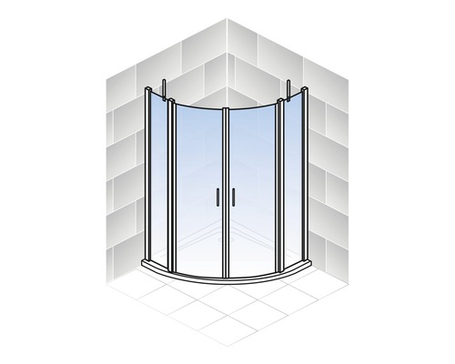 Eckdusche mit Glastüren in Badezimmerumgebung