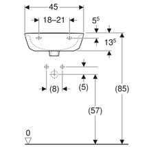 Technische Zeichnung eines Waschbeckens mit Maßangaben