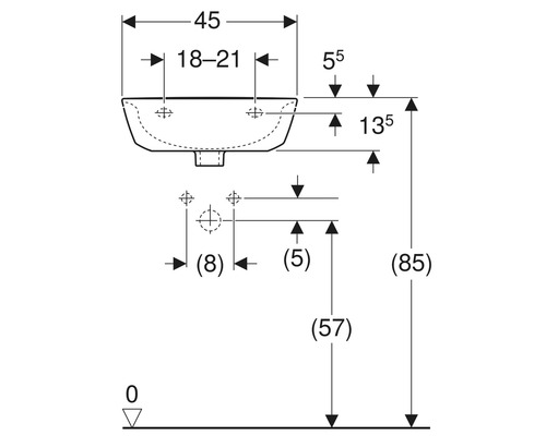 Technische Zeichnung eines Waschbeckens mit Maßangaben