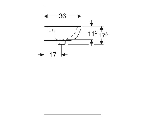 Technische Zeichnung eines Waschbeckens mit Maßangaben