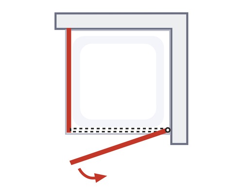Diagramm einer Schwingtür für eine Dusche mit Drehpunkt und Pfeil, der die Öffnungsrichtung angibt