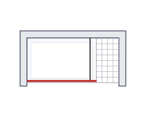 Diagramm eines begehbaren Duschsystems mit Schiebetür und fester Seitenwand