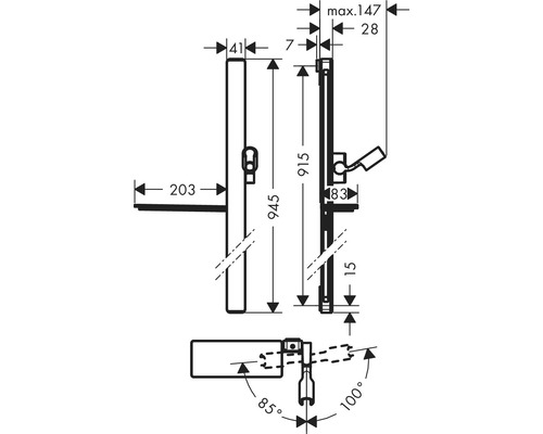 Technische Zeichnung einer Duschstange mit Maßangaben